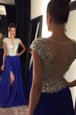 Royal Blue Chiffon Side Zipper Bateau Sleeveless Prom Evening Gown Sweep Train Beading