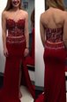 On Sale Sleeveless Elastic Woven Satin With Train Sweep Train Side Zipper Evening Dress in Wine Red for with Beading