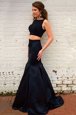 Clearance Mermaid Sleeveless Elastic Woven Satin Sweep Train Backless Prom Gown in Black for with Beading