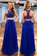 Blue Sleeveless Floor Length Beading Clasp Handle Homecoming Dress