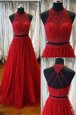 Luxury Scoop Red Sleeveless Sweep Train Beading and Appliques Prom Dress