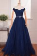 Fancy Off the Shoulder Sleeveless Organza With Brush Train Zipper Dress for Prom in Navy Blue for with Belt