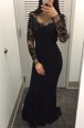 Mermaid Floor Length Black Evening Outfits Satin Long Sleeves Beading and Lace