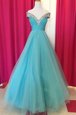 Extravagant Floor Length Blue Prom Party Dress Off The Shoulder Sleeveless Backless