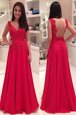 Red A-line V-neck Sleeveless Chiffon Floor Length Backless Lace Dress for Prom