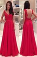 Red A-line V-neck Sleeveless Chiffon Floor Length Backless Lace Dress for Prom