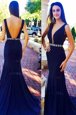 Navy Blue Backless Prom Dresses Beading Sleeveless With Train Sweep Train