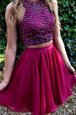 Super Fuchsia Two Pieces Chiffon Halter Top Sleeveless Beading Knee Length Criss Cross Cocktail Dresses