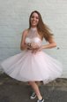 Elegant Baby Pink Two Pieces High-neck Sleeveless Organza Knee Length Criss Cross Beading Prom Dresses