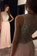 Scoop Pink Criss Cross Evening Outfits Beading Sleeveless Sweep Train