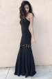Popular Black Mermaid Strapless Sleeveless Elastic Woven Satin Floor Length Zipper Ruching