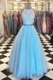 Halter Top Sleeveless Prom Evening Gown Floor Length Beading and Appliques Blue Tulle