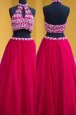 Traditional Halter Top Fuchsia Backless Evening Outfits Beading Sleeveless Floor Length