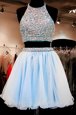 Luxurious Mini Length Light Blue Dress for Prom Halter Top Sleeveless Backless