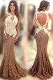 Mermaid Lace Scoop Sleeveless Sweep Train Backless Appliques Prom Gown in Brown