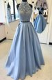 Amazing Light Blue Two Pieces Lace Dress for Prom Criss Cross Satin Sleeveless