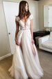 Fantastic V-neck Cap Sleeves Tulle Prom Gown Lace Lace Up