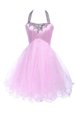 Luxury Lilac Prom Party Dress Prom and Party and For with Beading Halter Top Sleeveless Lace Up