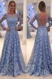 Flirting Blue Prom and For with Lace Scoop Long Sleeves Sweep Train Backless