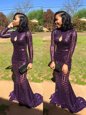 Mermaid Eggplant Purple Zipper Evening Party Dresses Sequins Long Sleeves Sweep Train
