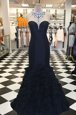 Perfect Mermaid Scoop Sleeveless Elastic Woven Satin Sweep Train Side Zipper Celebrity Evening Dresses in Black for with Beading
