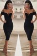 Beautiful Mermaid Cocktail Dresses Black Spaghetti Straps Elastic Woven Satin Sleeveless Knee Length Zipper