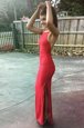 Mermaid Scoop Sleeveless Floor Length Ruching Backless Prom Party Dress with Red