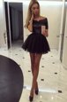 Off the Shoulder Mini Length Black Prom Dress Tulle Short Sleeves Ruching