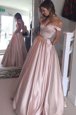 Delicate Off the Shoulder Short Sleeves Satin Floor Length Zipper Homecoming Dress in Pink for with Beading