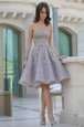 Knee Length Grey Prom Evening Gown Organza Sleeveless Belt