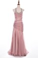 Pink Organza and Taffeta Side Zipper Halter Top Sleeveless With Train Prom Evening Gown Brush Train Beading