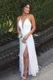 White A-line Halter Top Sleeveless Chiffon Floor Length Backless Pleated Prom Party Dress