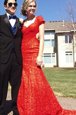 Mermaid Red Prom Dresses Prom and Party and For with Lace V-neck Short Sleeves Sweep Train Backless