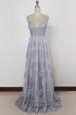 Sleeveless Tulle With Train Sweep Train Backless Mother Of The Bride Dress in Grey for with Appliques