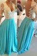 Customized Baby Blue Chiffon Backless Homecoming Dress Long Sleeves Floor Length Lace