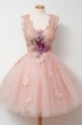 Low Price Pink A-line Square Sleeveless Tulle Knee Length Zipper Appliques and Embroidery Cocktail Dresses