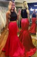 Deluxe Mermaid Scoop Sleeveless Zipper Prom Gown Red And Black Satin