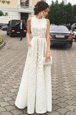 Designer Scoop Lace Floor Length Zipper Red Carpet Prom Dress White and In for Prom and Party with Pleated