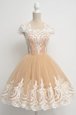 Designer Champagne Ball Gowns Tulle Scoop Cap Sleeves Lace Knee Length Zipper Evening Dress