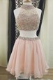 Traditional Halter Top Sleeveless Knee Length Beading Zipper Cocktail Dress with Peach