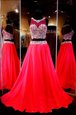 Dramatic Red A-line Chiffon Scoop Sleeveless Beading With Train Backless Formal Evening Gowns Sweep Train