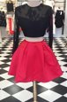 Scoop Red And Black Long Sleeves Satin and Lace Zipper Homecoming Dress for Prom and Party