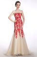 Artistic Mermaid Strapless Sleeveless Prom Dresses Brush Train Appliques Red and Champagne Tulle