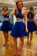Modern Royal Blue Zipper Halter Top Beading and Belt Cocktail Dress Organza Sleeveless