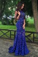 Mermaid Scoop Sleeveless Dress for Prom With Train Sweep Train Beading Royal Blue Lace