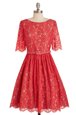 Romantic Red A-line Scoop Short Sleeves Lace Knee Length Zipper Belt