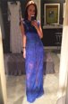 Deluxe Navy Blue Scoop Backless Beading Prom Gown Cap Sleeves
