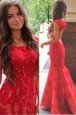 Mermaid Scoop With Train Red Prom Evening Gown Lace Sweep Train Cap Sleeves Lace and Appliques