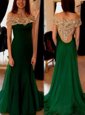 Dark Green Chiffon Side Zipper Off The Shoulder Short Sleeves Formal Dresses Sweep Train Beading and Pleated