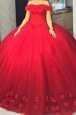 Luxurious Red Off The Shoulder Neckline Hand Made Flower Dress for Prom Short Sleeves Lace Up